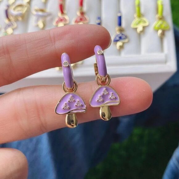 Gold Plated Rainbow Colored Enamel Mushroom Capped Huggie Hoop Festival Earrings - Picture 7 of 13